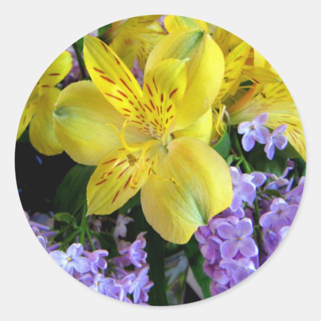 Yellow Daylilies & Purple Lilac Flowers Classic Round Sticker (Front)