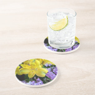 Yellow Daylilies & Purple Lilac Flowers Coaster