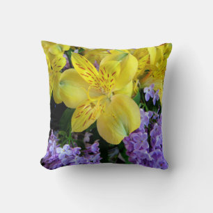 Yellow Daylilies & Purple Lilac Flowers Cushion