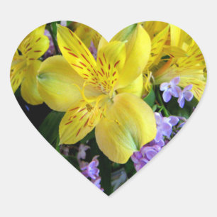 Yellow Daylilies & Purple Lilac Flowers Heart Sticker