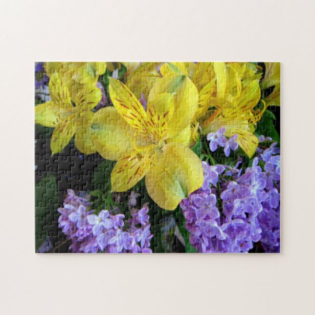 Yellow Daylilies & Purple Lilac Flowers Jigsaw Puzzle (Horizontal)