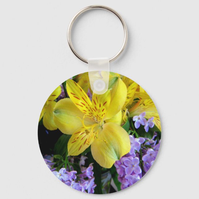 Yellow Daylilies & Purple Lilac Flowers Key Ring (Front)