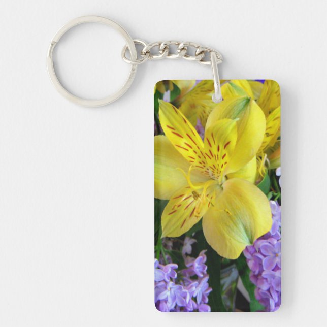 Yellow Daylilies & Purple Lilac Flowers Key Ring (Front)