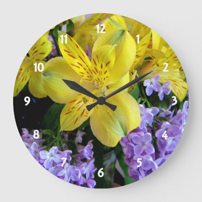 Yellow Daylilies & Purple Lilac Flowers Large Clock (Front)