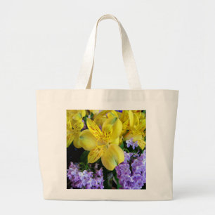 Yellow Daylilies & Purple Lilac Flowers Large Tote Bag