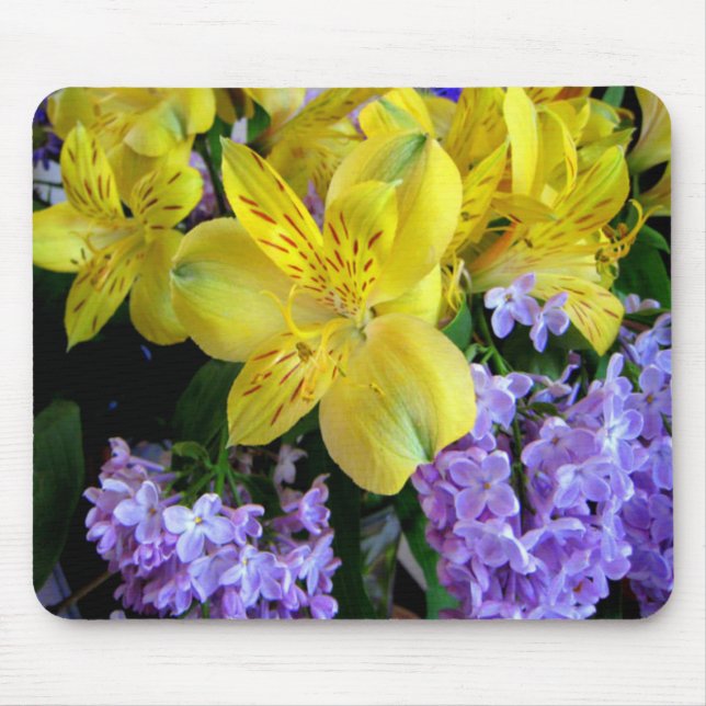 Yellow Daylilies & Purple Lilac Flowers Mouse Pad (Front)
