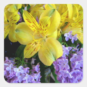 Yellow Daylilies & Purple Lilac Flowers Square Sticker