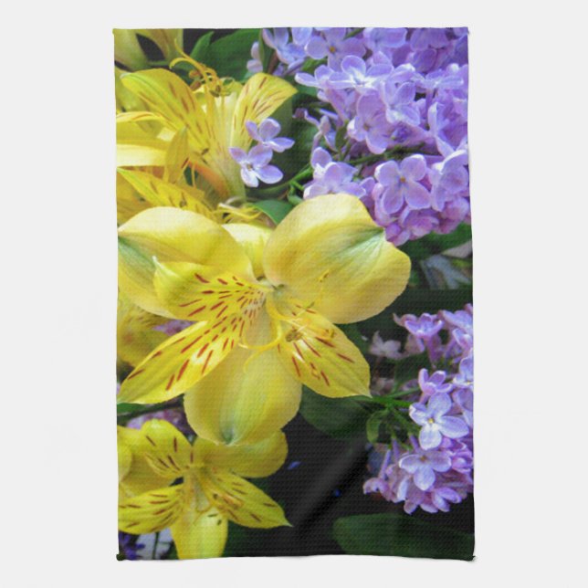 Yellow Daylilies & Purple Lilac Flowers Tea Towel (Vertical)