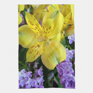 Yellow Daylilies & Purple Lilac Flowers Tea Towel