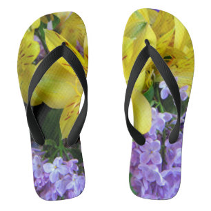 Yellow Daylilies & Purple Lilac Flowers Thongs