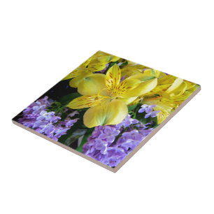Yellow Daylilies & Purple Lilac Flowers Tile
