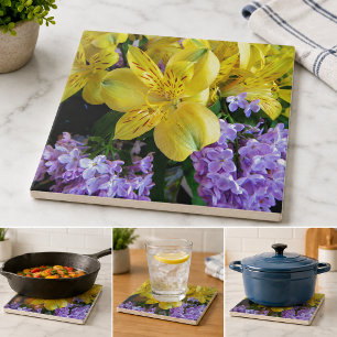 Yellow Daylilies & Purple Lilac Flowers Tile