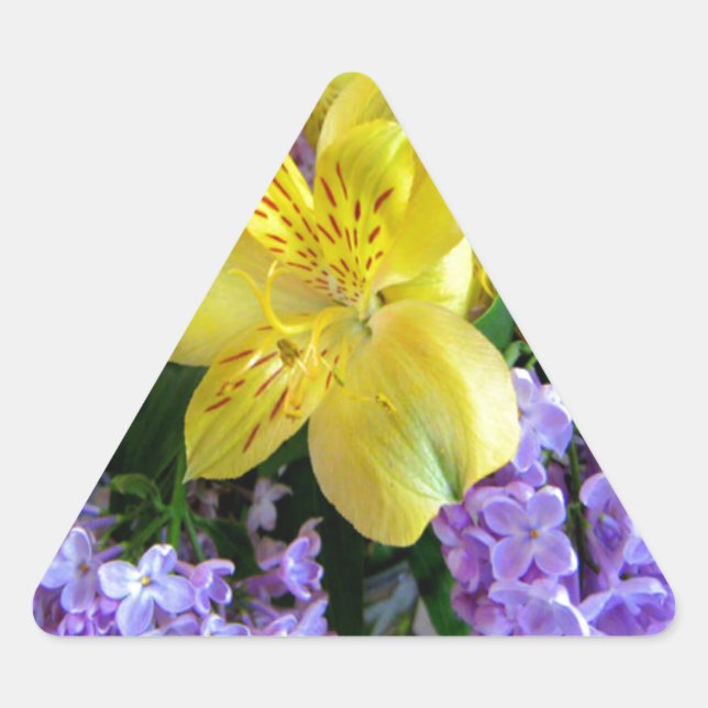 Yellow Daylilies & Purple Lilac Flowers Triangle Sticker (Front)