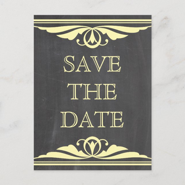 Yellow Deco Chalkboard Save the Date Postcard (Front)