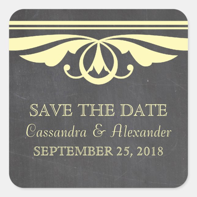 Yellow Deco Chalkboard Save the Date Stickers (Front)