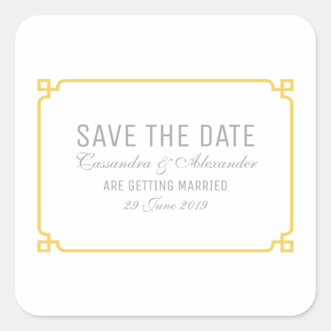 Yellow Deco Chic Save the Date Square Sticker (Front)