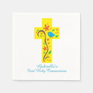 Yellow Decorative Cross With Bird Communion Napkin