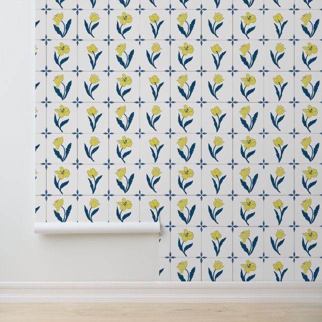 Yellow Delft Floral Tile Pattern Wallpaper (Application)