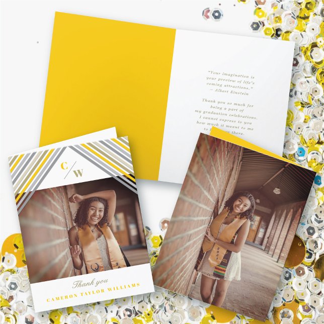 Yellow Diagonal Stripes Photo Modern Graduation Thank You Card (Yellow Diagonal Stripes Monogram, Photo Modern Graduation Thank You Card @ zazzle.com/color_therapy)