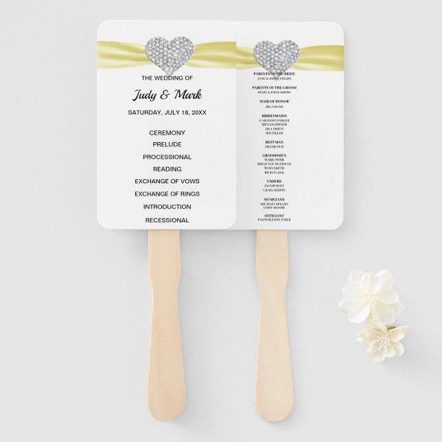 Yellow Diamond Heart Wedding Program Hand Fan (Front and Back)