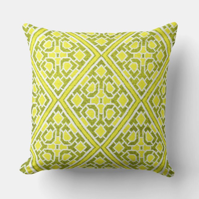 Yellow Diamond Pattern Faux Crewel Throw Pillow (Front)