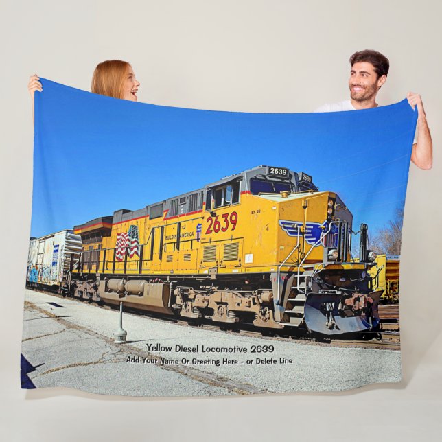 Yellow Diesel Locomotive Train - Add Name   Canvas Fleece Blanket (In Situ)