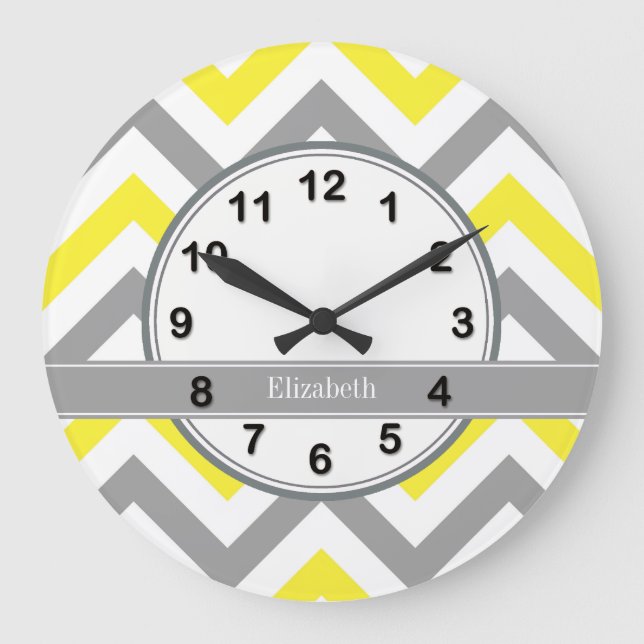 Yellow Dk Gray White LG Chevron Gray Name Monogram Large Clock (Front)