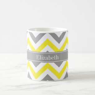 Yellow Dk Grey White LG Chevron Grey Name Monogram Coffee Mug