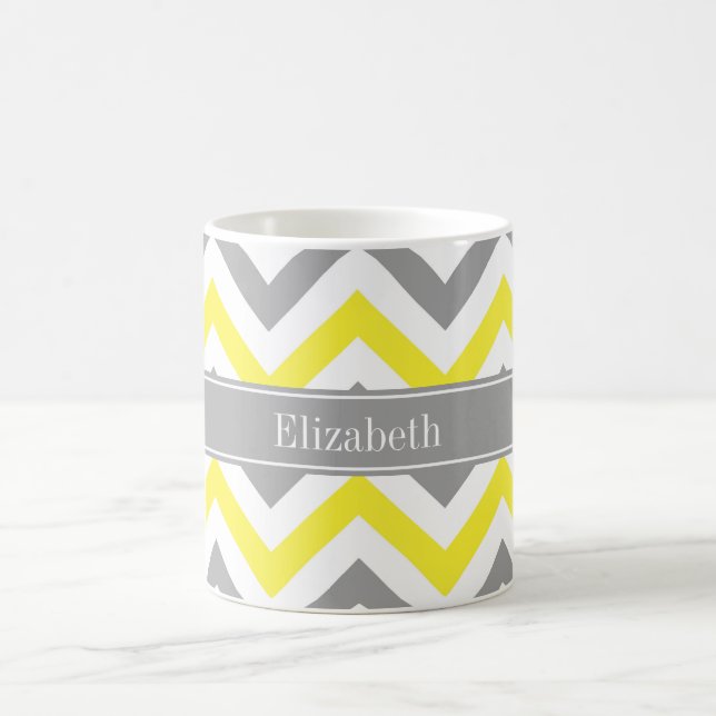 Yellow Dk Grey White LG Chevron Grey Name Monogram Coffee Mug (Center)