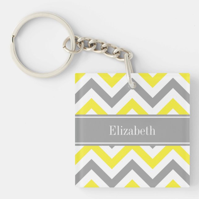 Yellow Dk Grey White LG Chevron Grey Name Monogram Key Ring (Front)