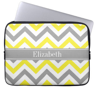 Yellow Dk Grey White LG Chevron Grey Name Monogram Laptop Sleeve