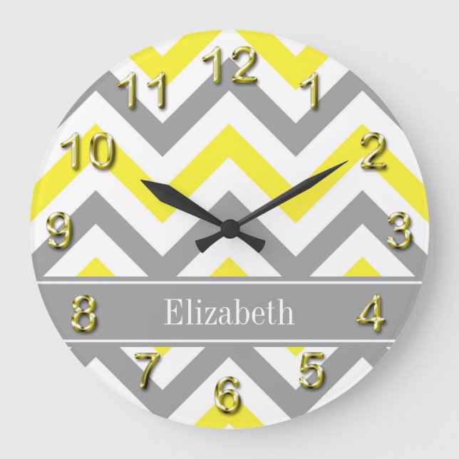 Yellow Dk Grey White LG Chevron Grey Name Monogram Large Clock (Front)
