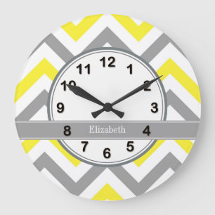 Yellow Dk Grey White LG Chevron Grey Name Monogram Large Clock