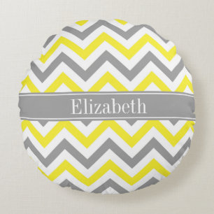 Yellow Dk Grey White LG Chevron Grey Name Monogram Round Cushion