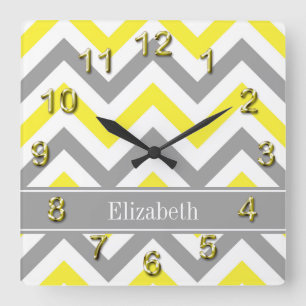 Yellow Dk Grey White LG Chevron Grey Name Monogram Square Wall Clock
