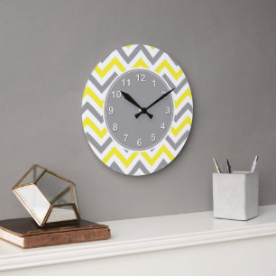 Yellow, Dk Grey Wht Large Chevron ZigZag Pattern Large Clock