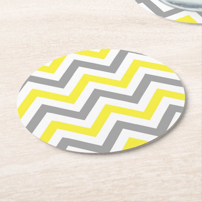 Yellow, Dk Grey Wht Large Chevron ZigZag Pattern Round Paper Coaster (Angled)