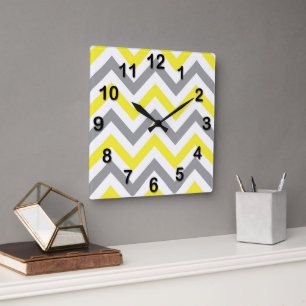 Yellow, Dk Grey Wht Large Chevron ZigZag Pattern Square Wall Clock