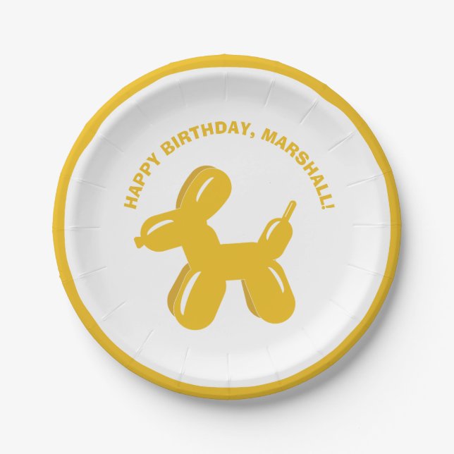 Yellow Dog Balloon Animal Personalised Party Paper Plate (Front)