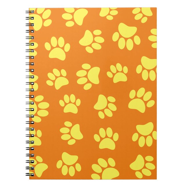 Yellow Dog Paw Prints All Over Orange Notebook (Front)