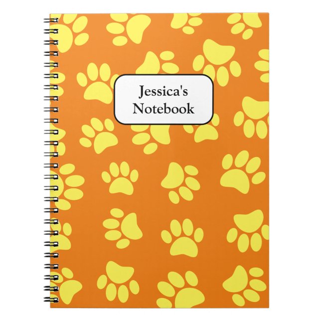 Yellow Dog Paw Prints All Over Orange Notebook (Front)