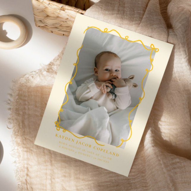 Yellow Doodle Bows Frame Birth Announcement Photo (Creator Uploaded)