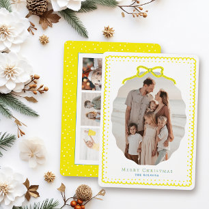Yellow Doodle Frames & Bow 4 Photo Christmas Holiday Card