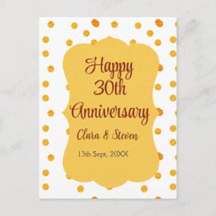 yellow dots glitter happy 30th anniversary wedding postcard