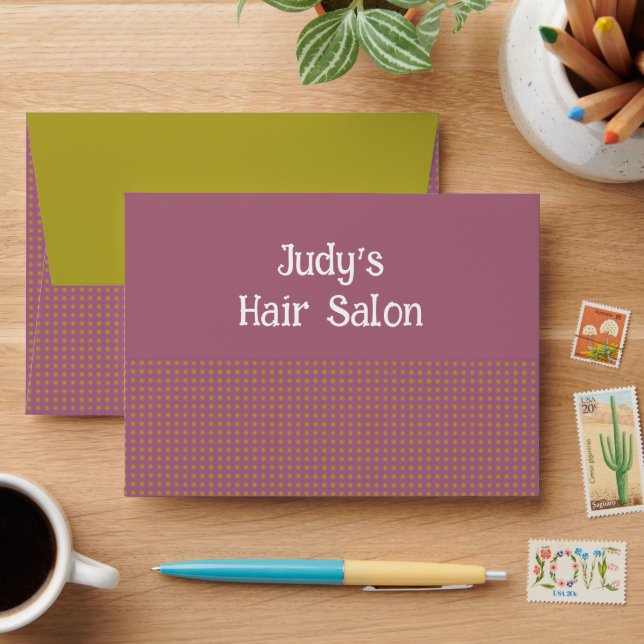 Yellow dots on purple custom name envelope (Desk)