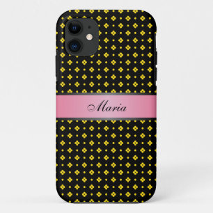 Yellow Dots Pattern Pink 2 Personalised Name iPhone 11 Case