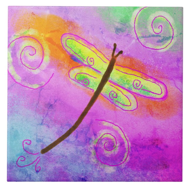 Yellow Dragonfly Abstract Digital Painting Ceramic Tile (Front)