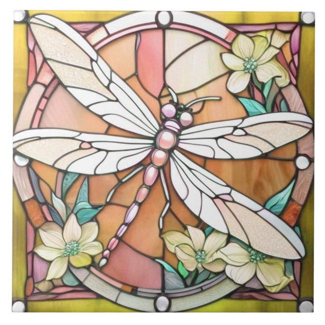 Yellow Dragonfly Art Nouveau Deco Stained Glass Ceramic Tile (Front)