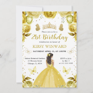 Yellow Dress Brunette Princess Birthday Invitation