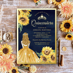 Yellow Dress Sunflowers Navy Blue Quinceanera Gold